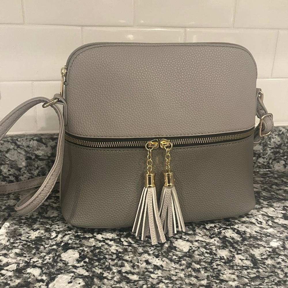 Gray Two-Tone Crossbody Bag with Tassel Accents